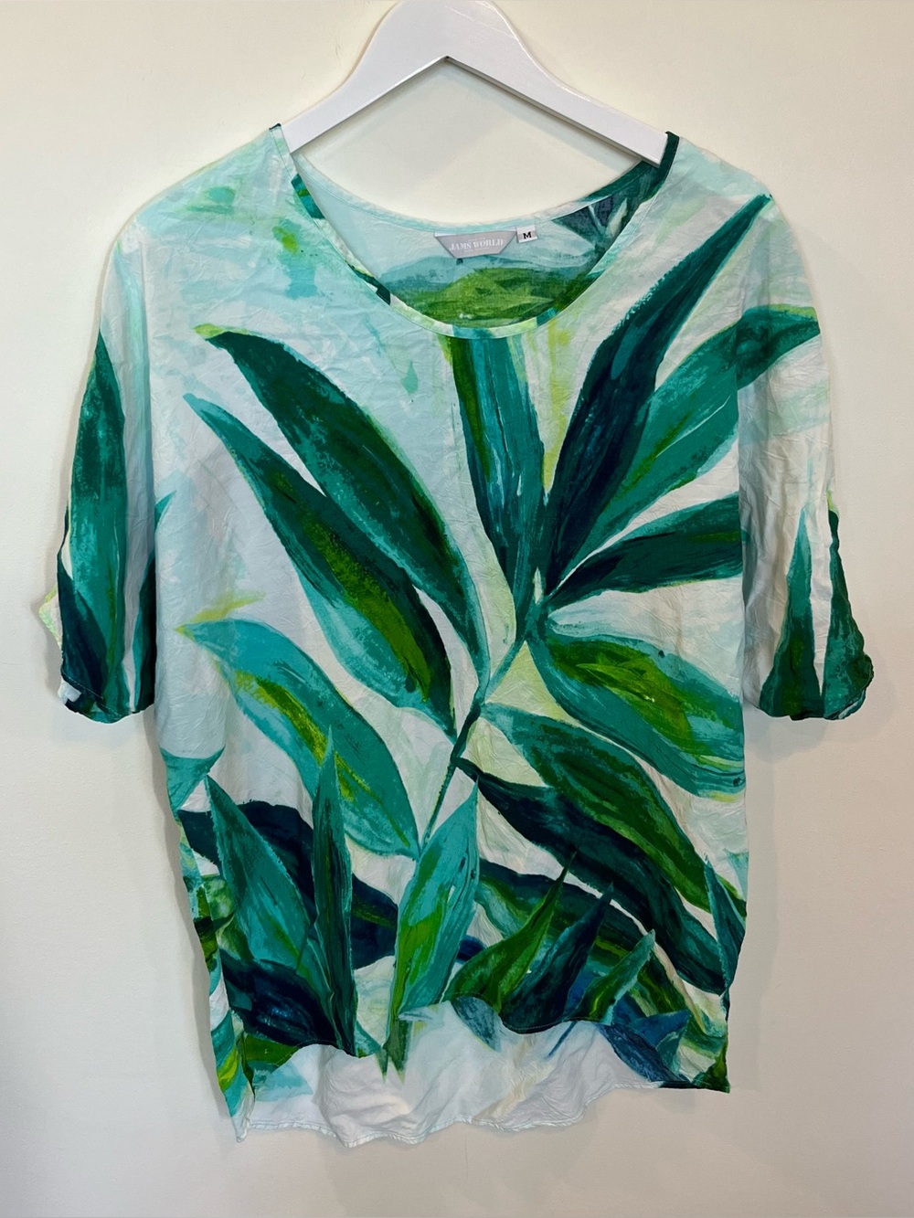 Jams World Womens Green Tropical Floral Blouse Top M Short Sleeve Rayon